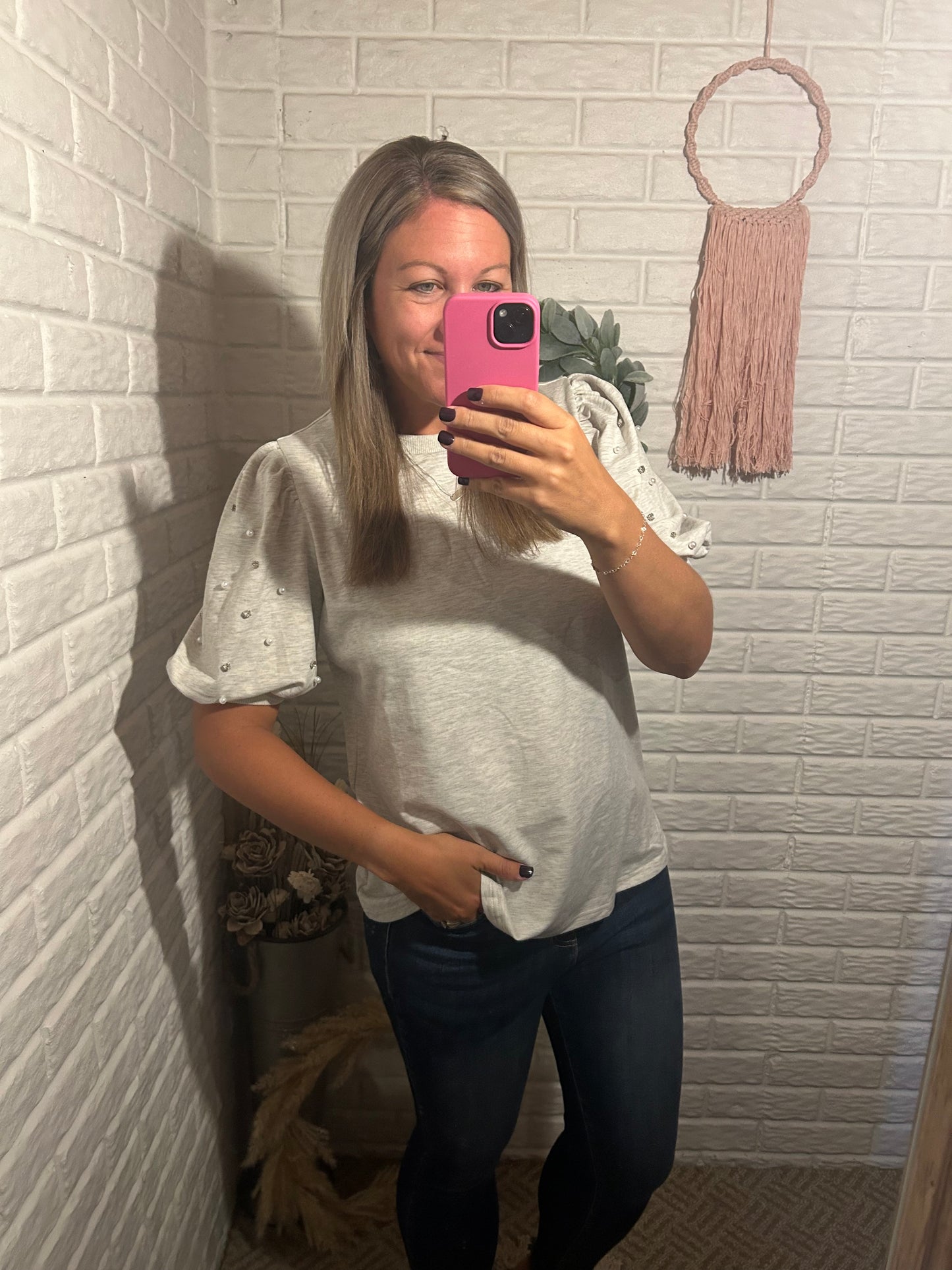 Rhinestone Pearl Puff Sleeve Top